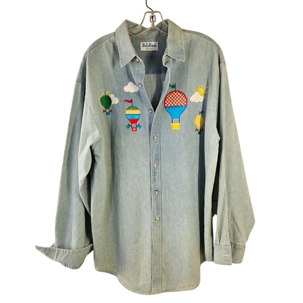 Belle Pointe 90s Oversize Denim Shirt Women Sz M/L Hot Air Balloon Embroidery
